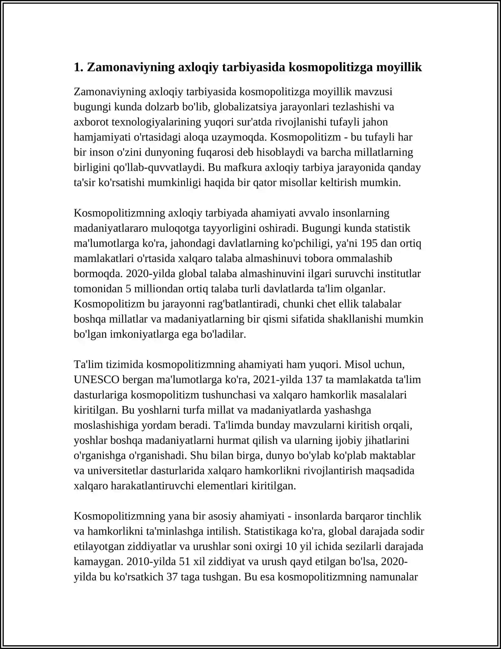 ZAMONAVIY AXLOQIY TARBIYADA AXLOQIY TARBIYADA KOSMOPOLITZGA MOYILLIK MAVZUSIDA ESSE TAYYORLANG 4