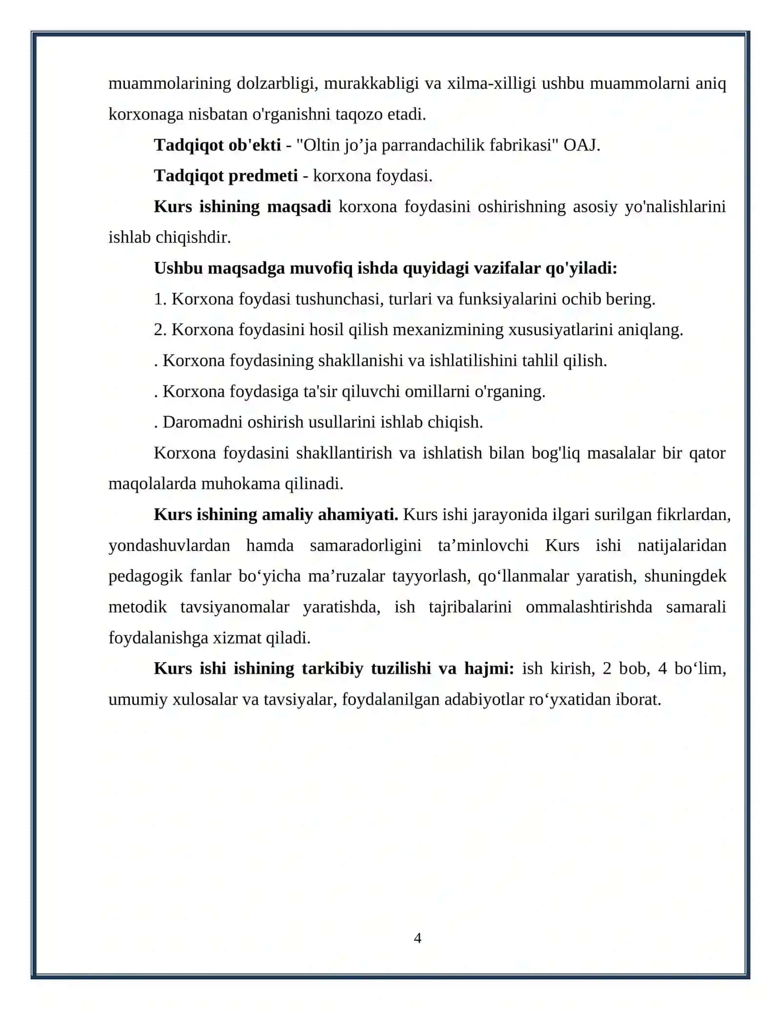 TOSHKENT AMALIY FANLAR UNIVERSITETI MOLIYA FAKULTETI KURS ISHI: KORXONA FOYDASINI SHAKLLANTIRISH VA UNDAN SAMARALI FOYDALANISH YO’LLARI 4