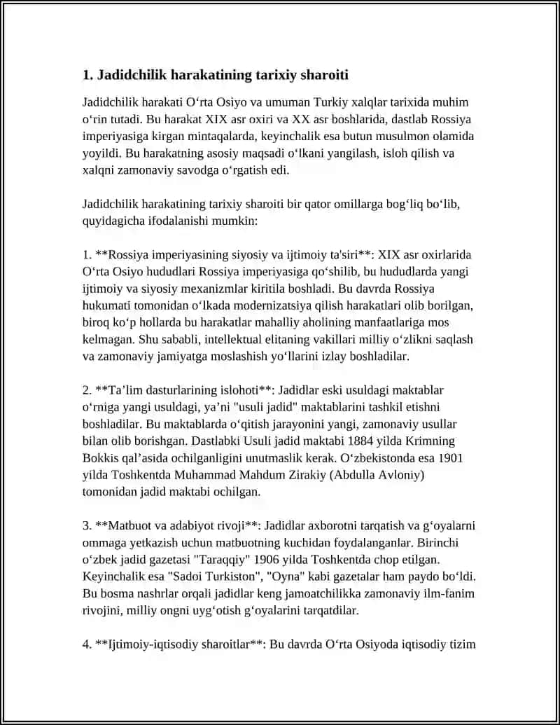 "TURKISTONDA JADIDCHILIK HARAKATINING BOSHLANISHI" MAVZUSIDA REFARAT 4