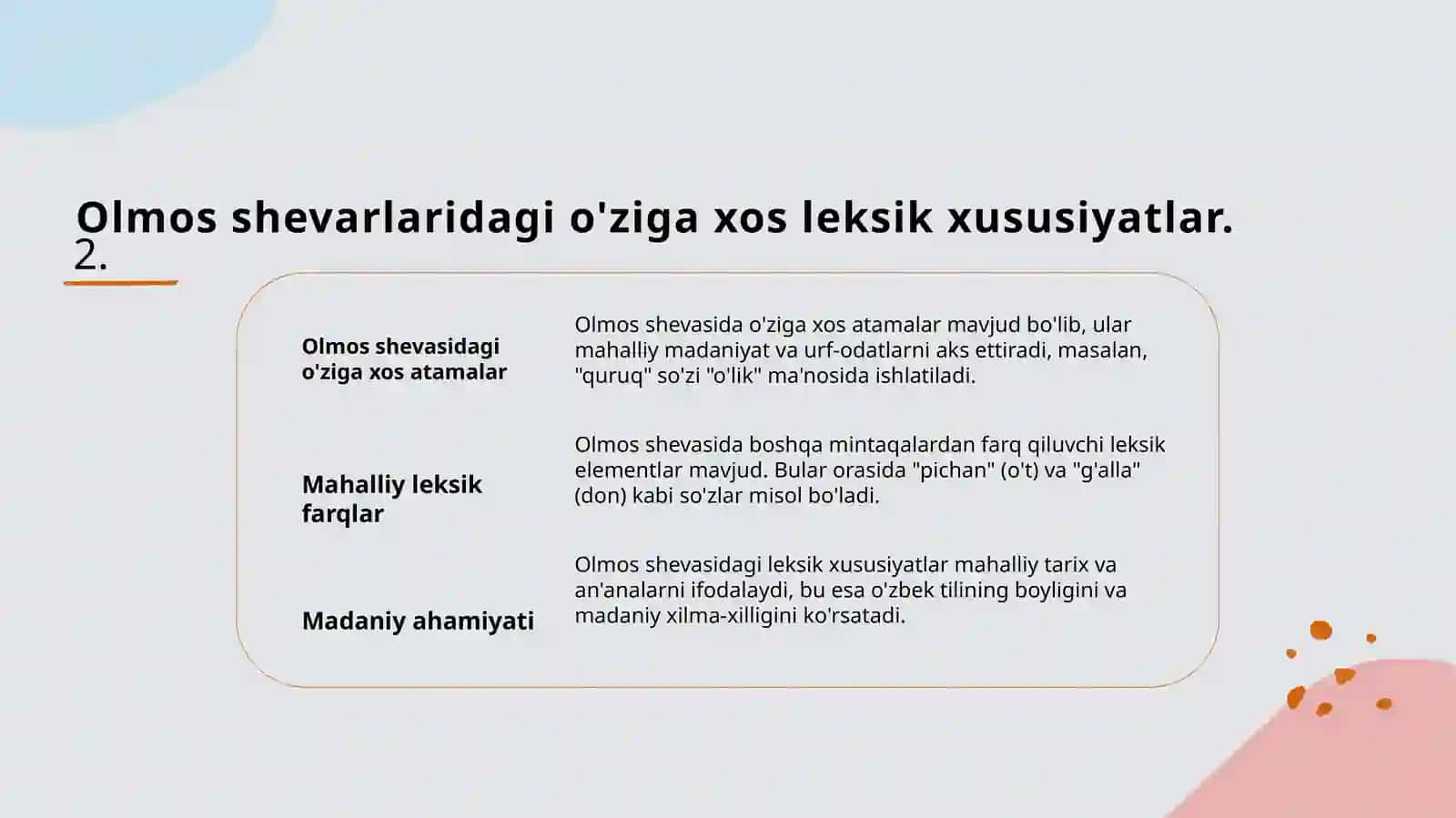 Namangan viloyati Chust tumani Olmos qishlogʻi shevalari tasnifi 4
