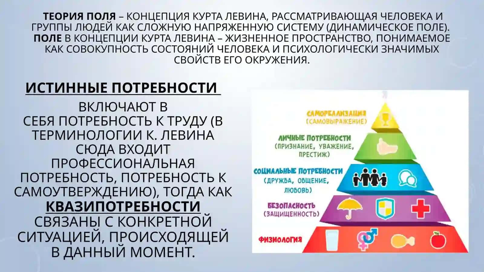 Динамическая часть теории поля:психическая сила, истинные потребности и квазипотребности, напряжение, принцип редукции напряжения 4