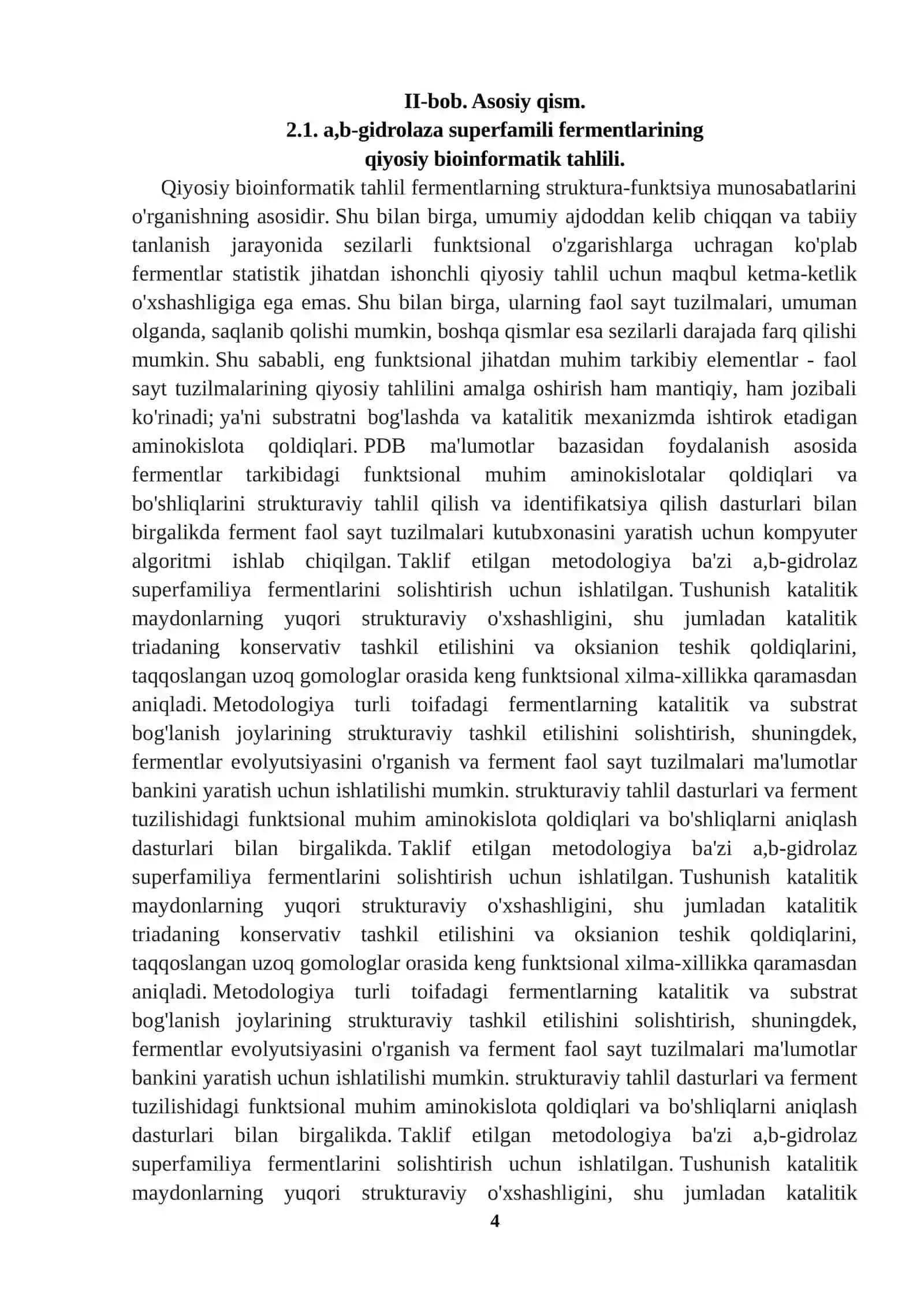 ALFA/BETA GIDROLAZALAR SUPEROILASI FERMENTLARI KATALITIK AMINOKISLOTALARINNNG QIYOSIY BIOINFORMATSION TAHLILI 4