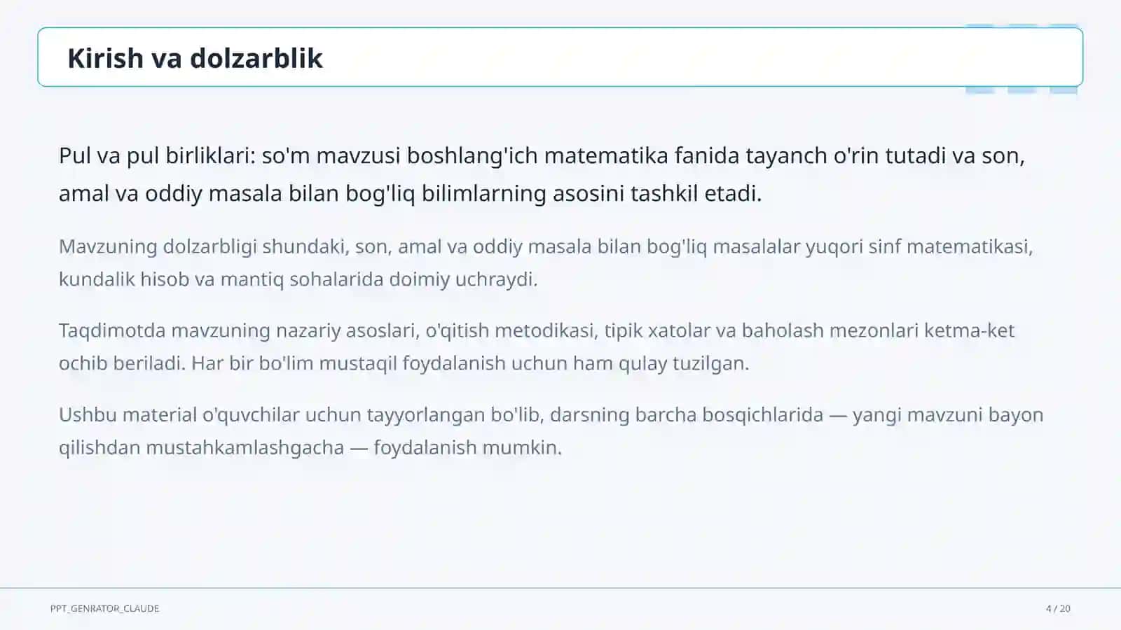 Pul va pul birliklari: so'm (2-sinf) 4
