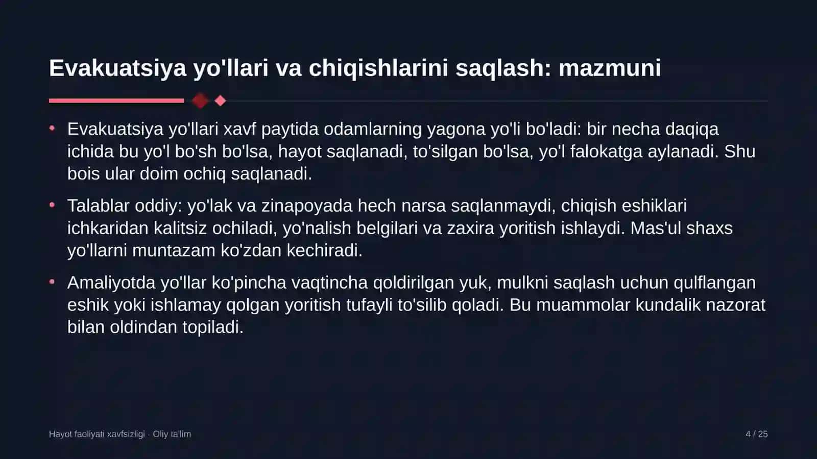 Lift xo'jaligida evakuatsiya yo'llari va chiqishlarini saqlash 4