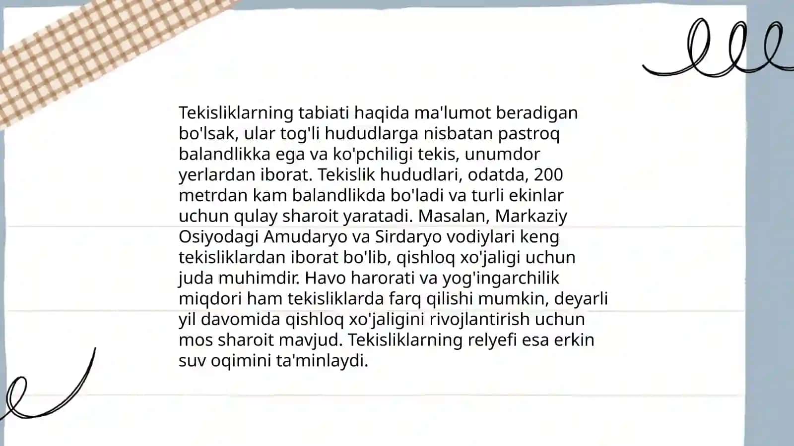 O’zbekistonning tekislanish yuzasi Rustamova E’tiborxon 4