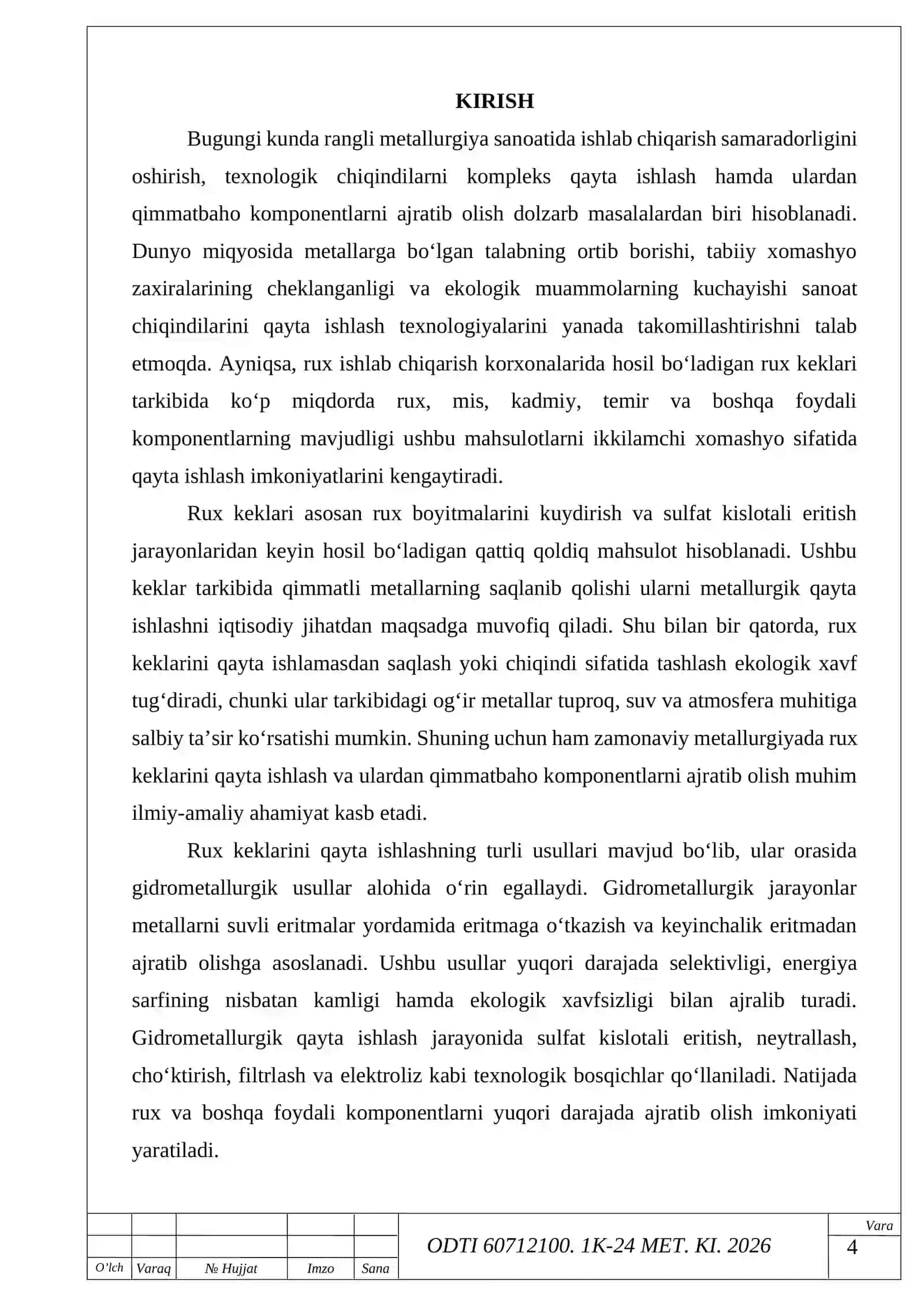 Rux keklarini gidrometallurgik qayta ishlash amaliyoti hisobi 4