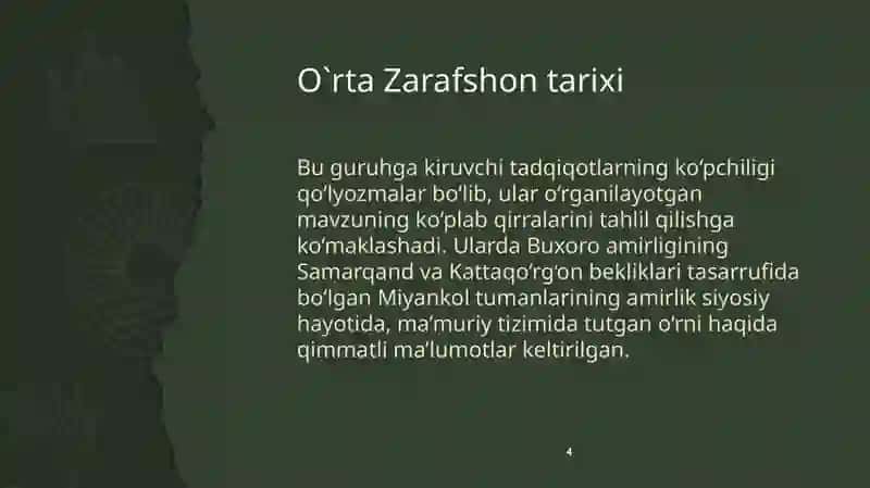 O'rta Zarafshon (Miyonqol) vohasining XIX-XX asr boshlarida ijtimoiy-siyosiy ,istisodiy va ma'daniy 4