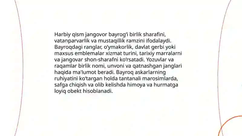 “Harbiy qism jangovor bayrog”ining safdagi holat, uni olib chiqish va eltib qoyish tartibi 4