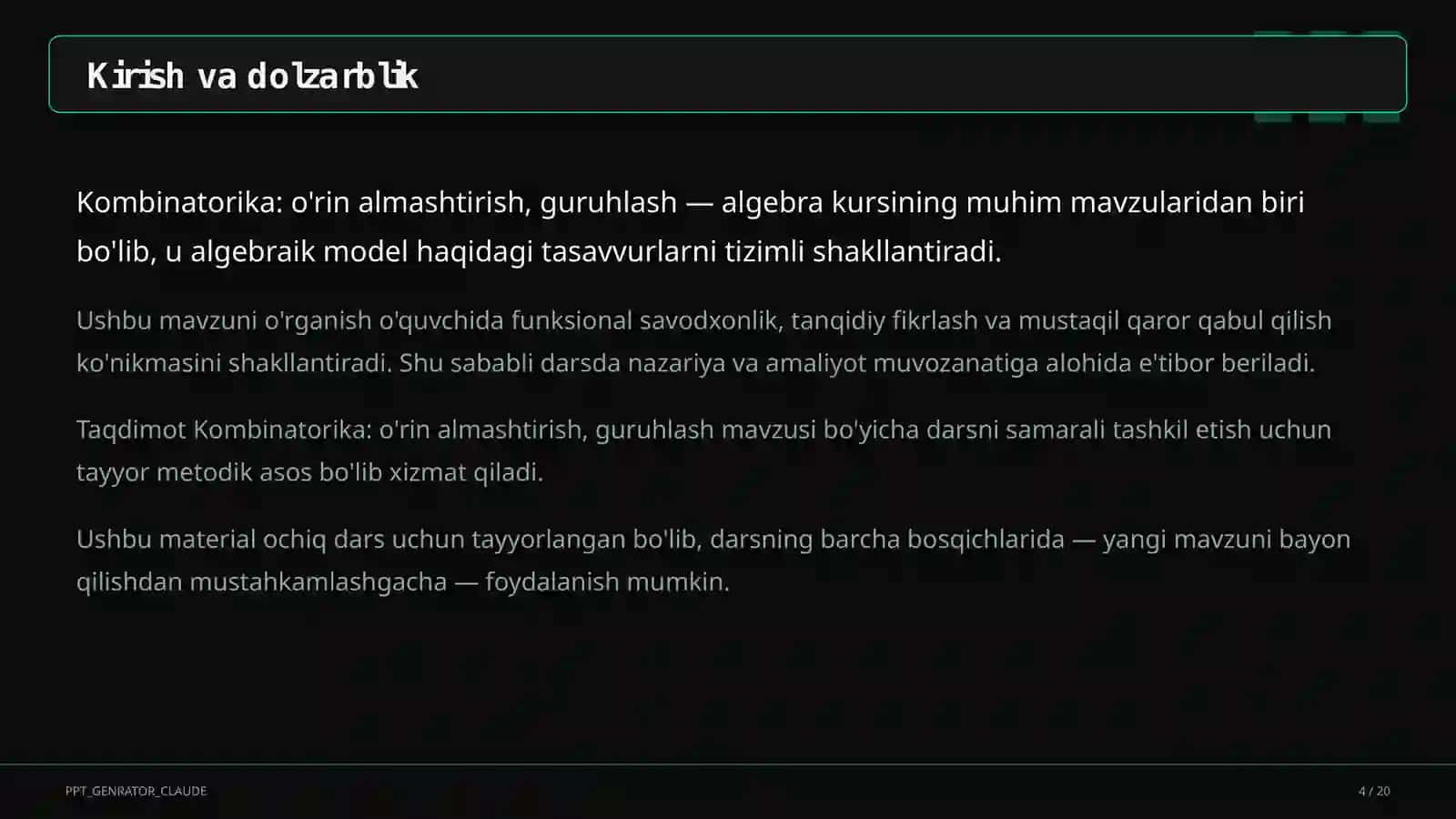 Kombinatorika: o'rin almashtirish, guruhlash (9-sinf) 4