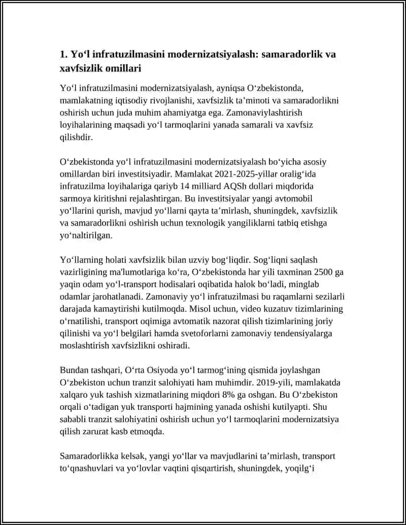 TRANSPORT INFRATUZILMASI FANIDAN MUSTQAQIL ISH 4
