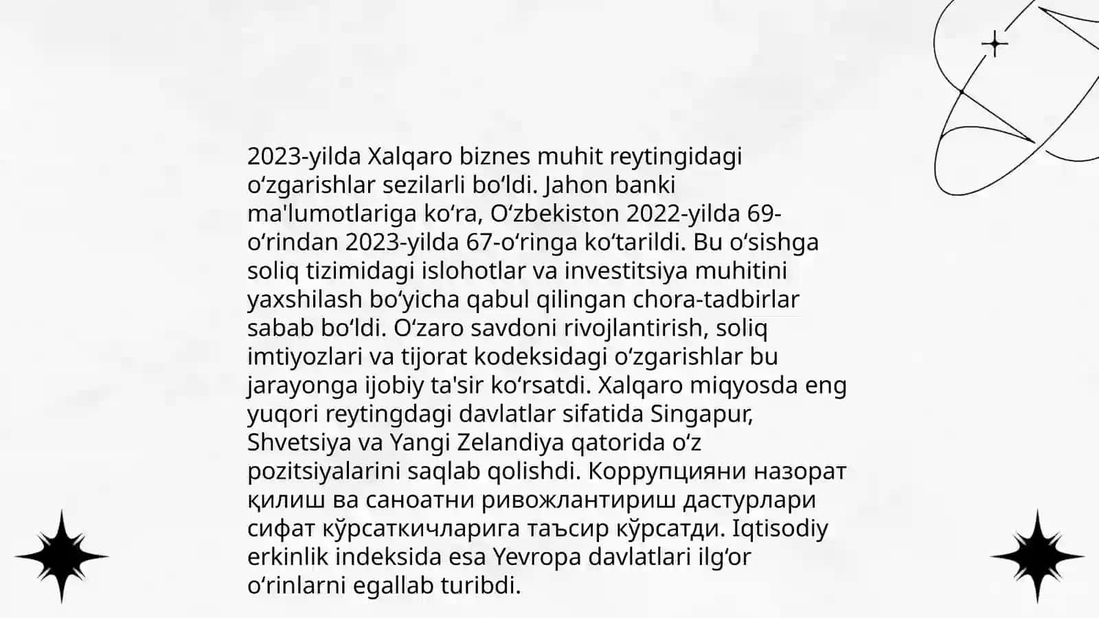 Yangi Oʻzbekiston ijtimoiy-siyosiy, iqtisodiy va madaniy hayotida ey berayotgan oʻzgarishlarning xalqaro reyting va indekslarda aks etishi 4