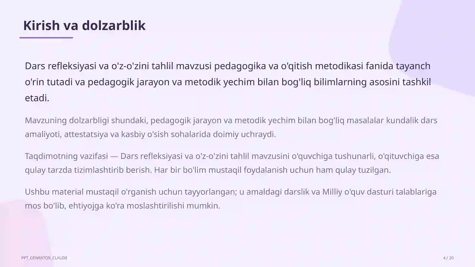 Dars refleksiyasi va o'z-o'zini tahlil 4