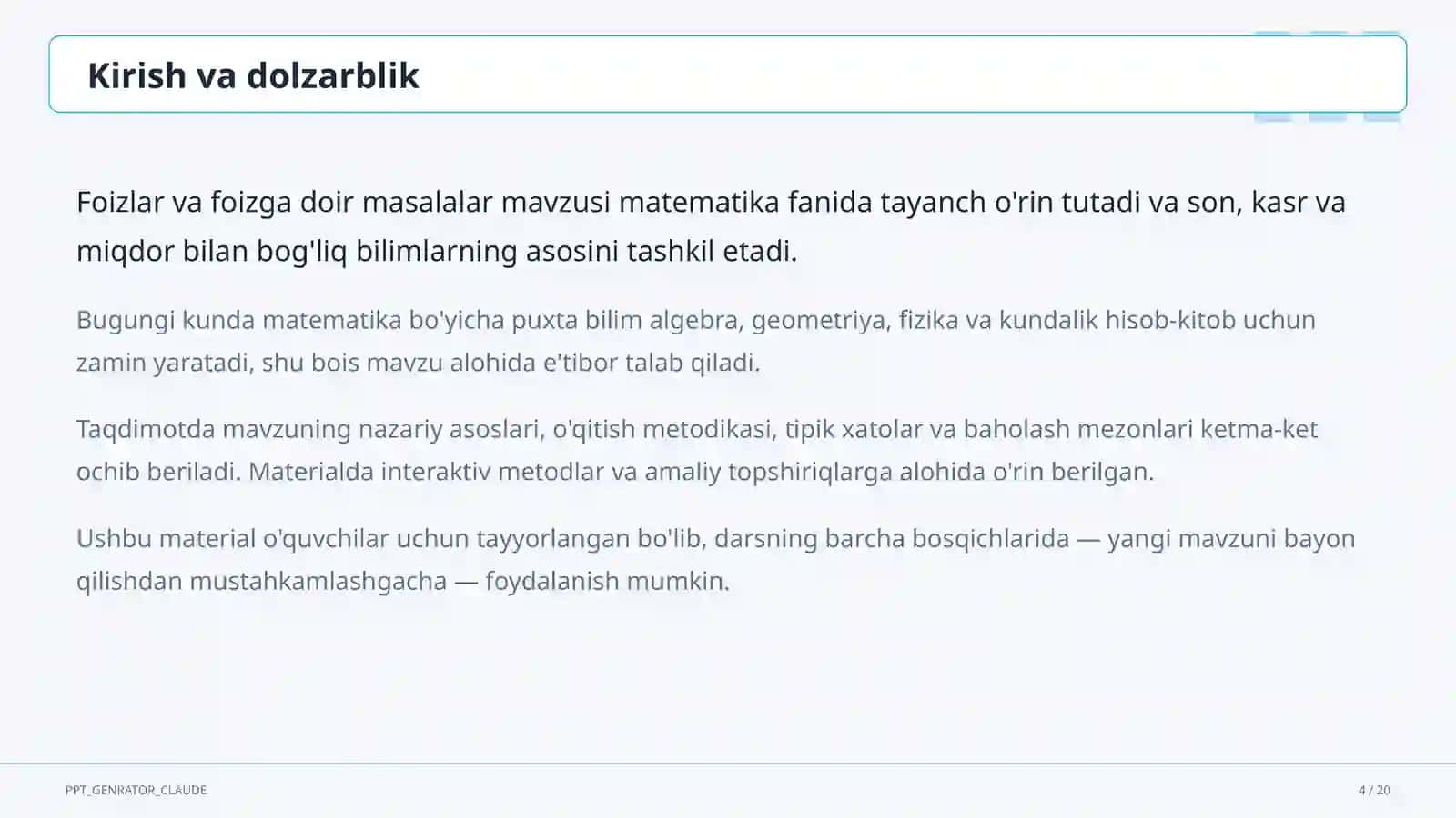 Foizlar va foizga doir masalalar (5-sinf) 4