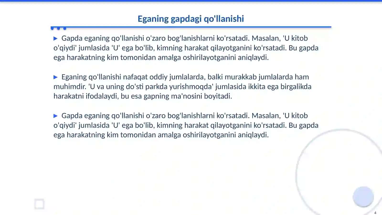 3 sinf ona tilidan Gapda eganing qo'llanishi 4