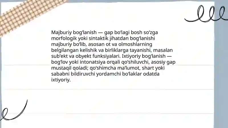 Tobe bogʻlanish va gap boʻlaklar oʻrtasidagi sintaktik munosabatlar 4