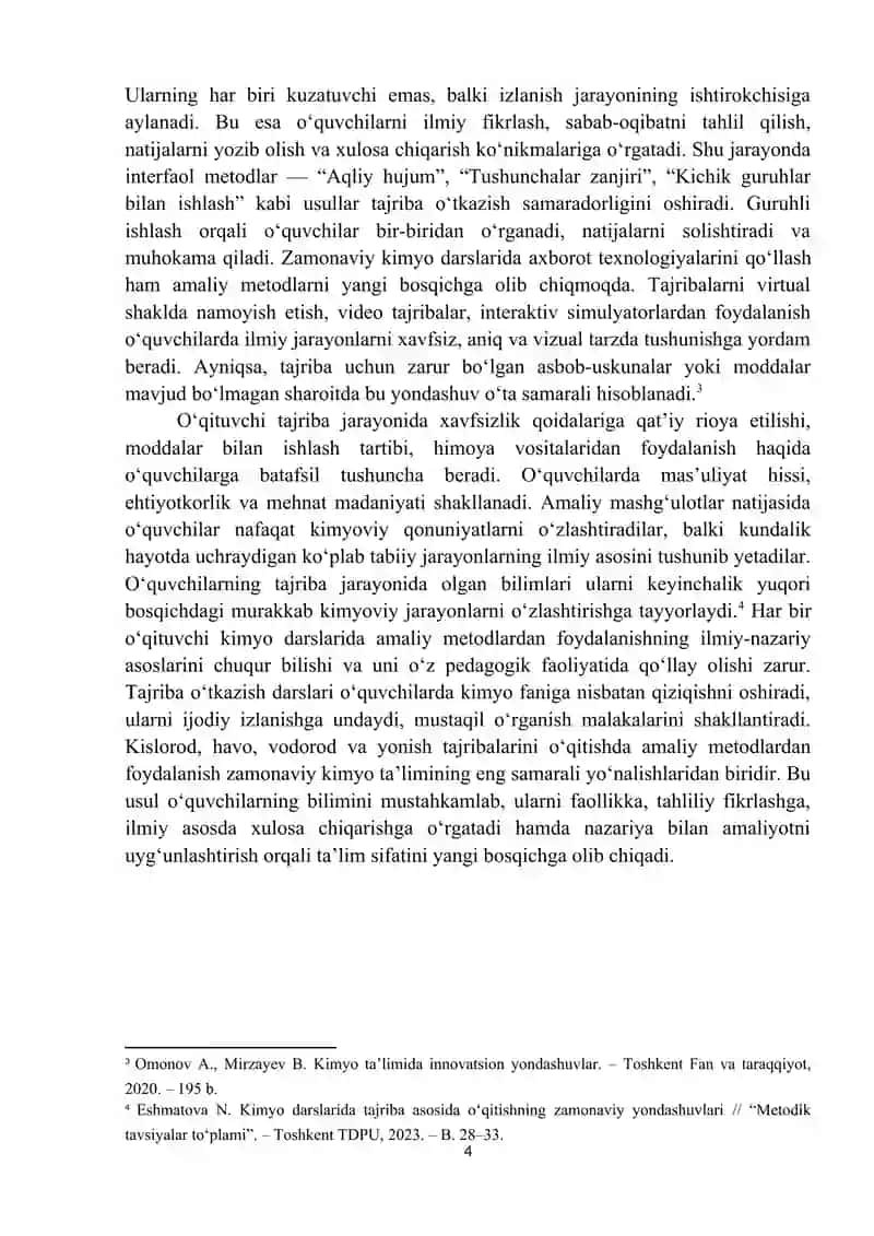 Kimyo fanining kislorod, havo, vodorod va yonish jarayonlarini o‘qitishda amaliy metodlar 4