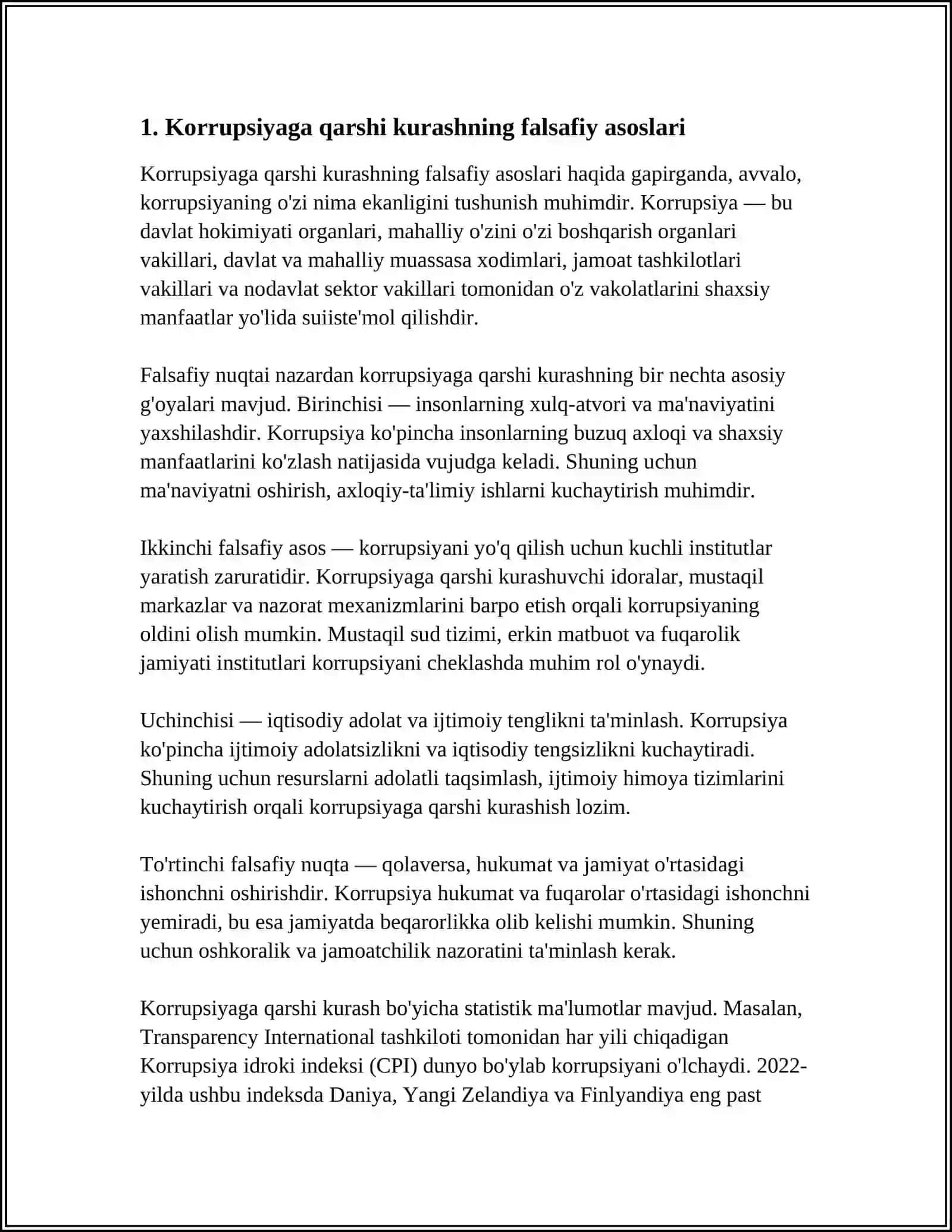 GLOBALLASHUV VA BARQAROR TARAQQIYOT FALSAFASI: KORRUPSIYAGA QARSHI KURASHISHNING JAXON TAJRIBASI.OʻZBEKISTONING KORRUPSIYAGA QARSHI KURASH SIYOSATI 4