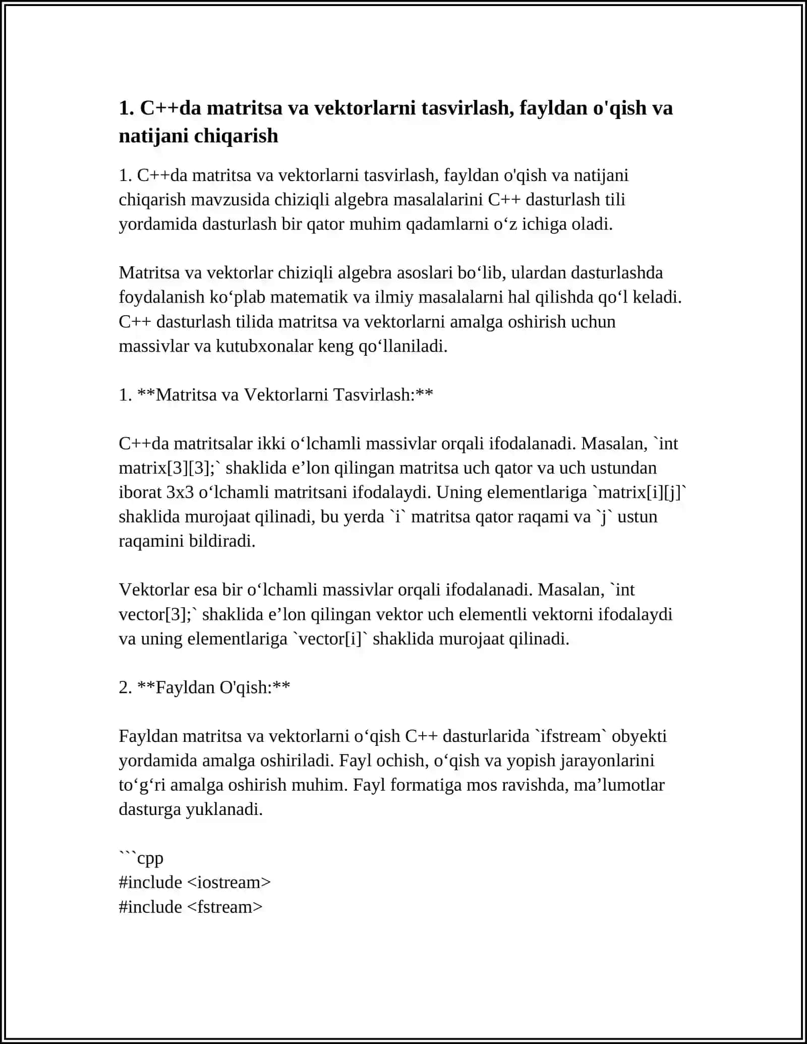 CHIZIQLI ALGEBRA MASALALARINI C++ DASTURLASH TILI YORDAMIDA DASTURLASH 4