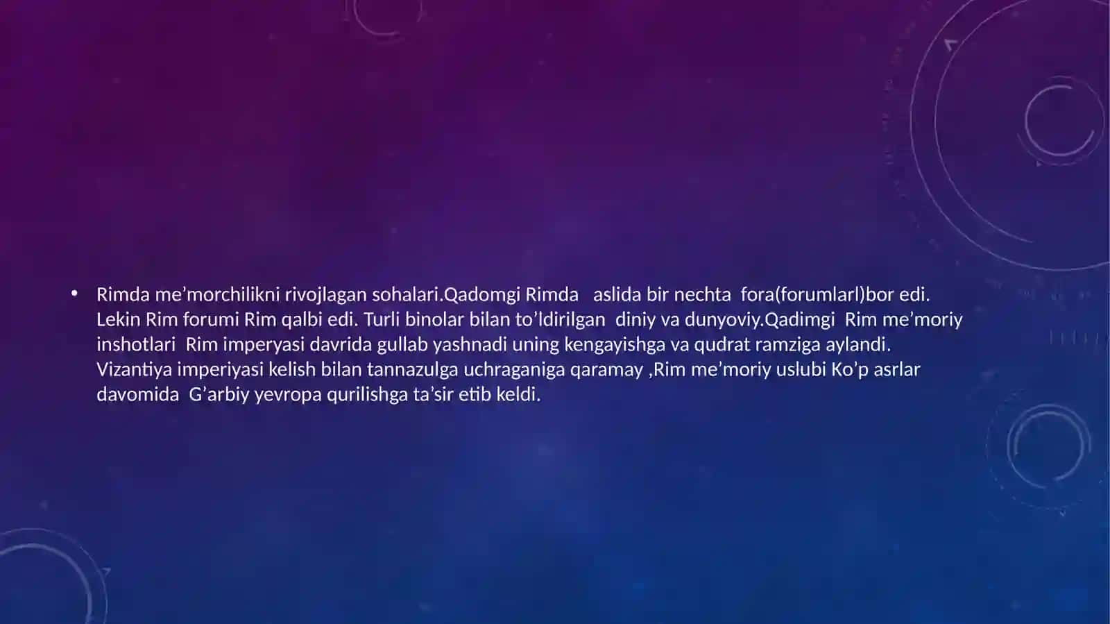 Arxeologiya fanidan tayyorlagan Rimda me’morchilik sohasida qo’lga kiritilgan yutuqlar 4
