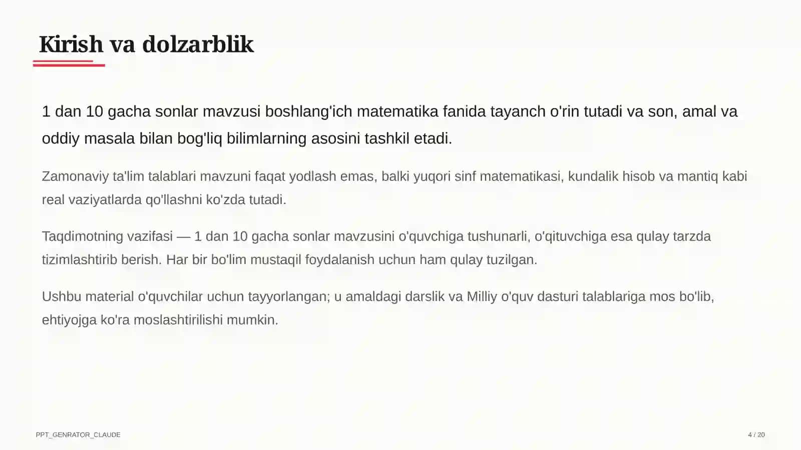 1 dan 10 gacha sonlar (1-sinf) Boshlang'ich sinf: Matematika (1–4) — o'quvchilar uchun 4