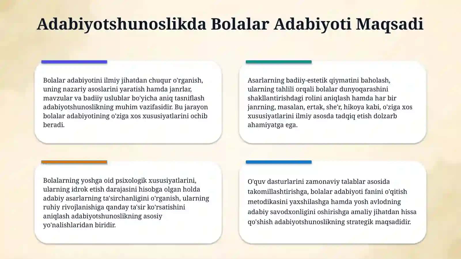 Adabiyot (bolalar adabiyoti) fanining maqsad va vazifalari. Ozbek bolalar adabiyoti istilohi va uning paydo bolishi. 4