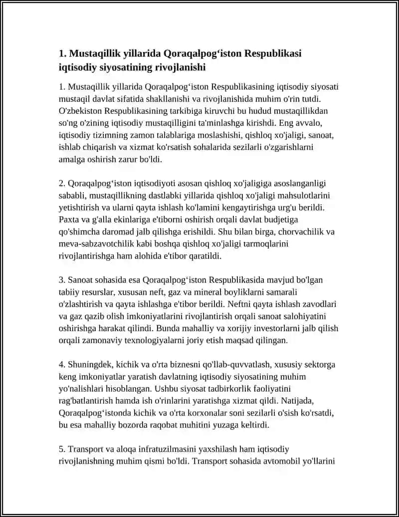 TARIX FANIDAN MUSTAQILLIK YILLARI QORAQALPOGʻISTON RESPUBLIKASININIG IQTISODIY YANGILASHI 4