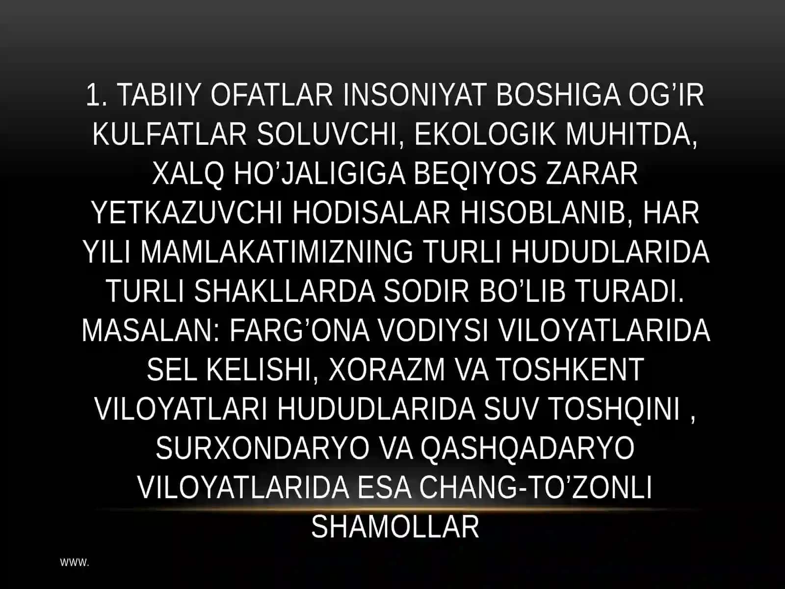 TABIIY, TEHNOGEN VAEKOLOGIKTUSDAGIFAVQULODDAVAZIYATLARDAAHOLI HARAKATI 4