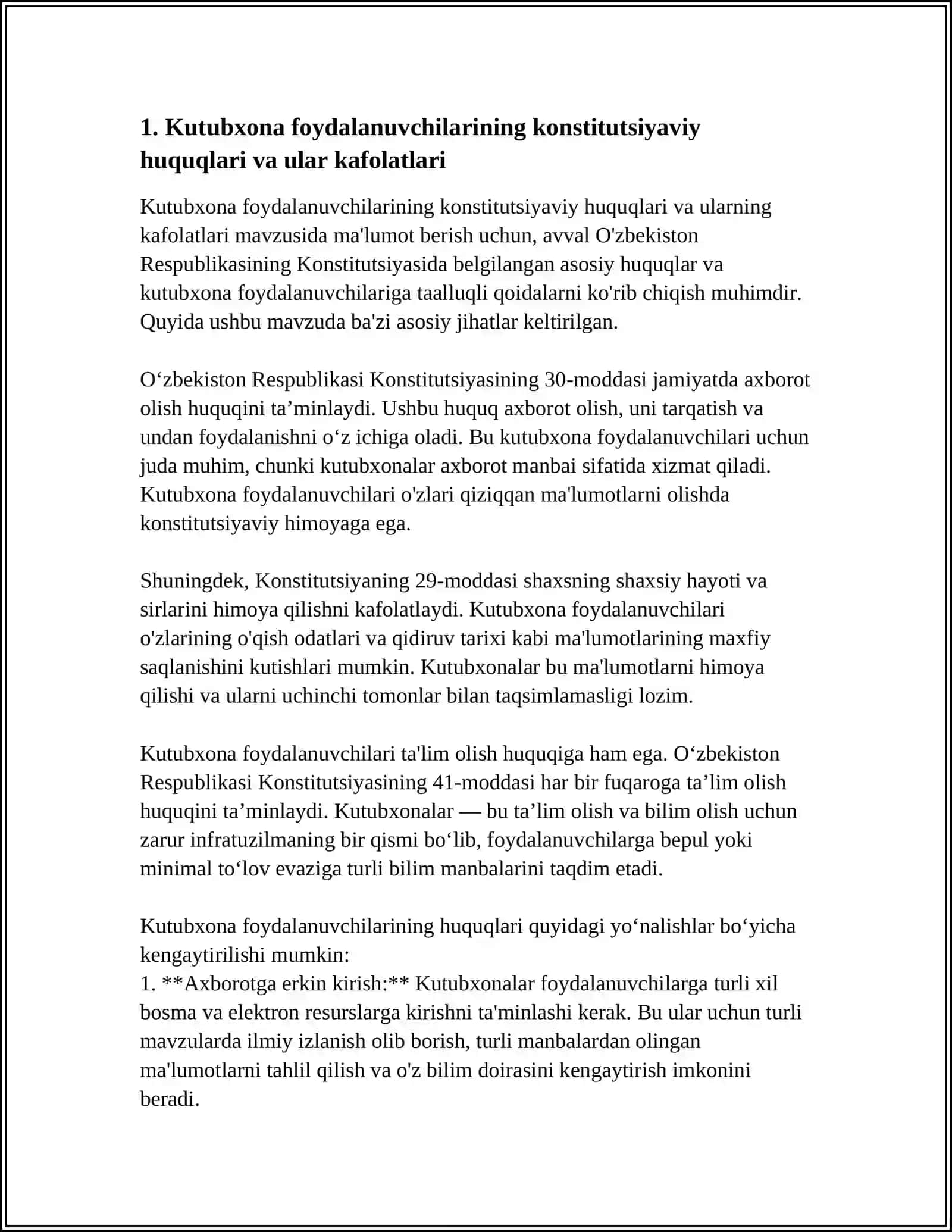 FOYDALANUVCHILAR MANFAATLARINI HIMOYA QILISH VA KUTUBXONA AXBOROT MUASSASALARIDA SIFATLI XIZMAT KOʻRSATISHNING HUQUQIY KAFOLATI 4