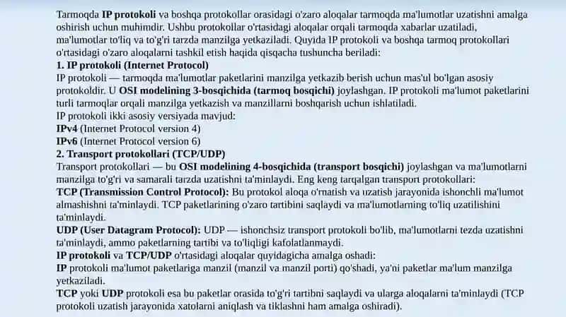 IP Tarmoqlararo O'zaro Aloqa Protokoli 4