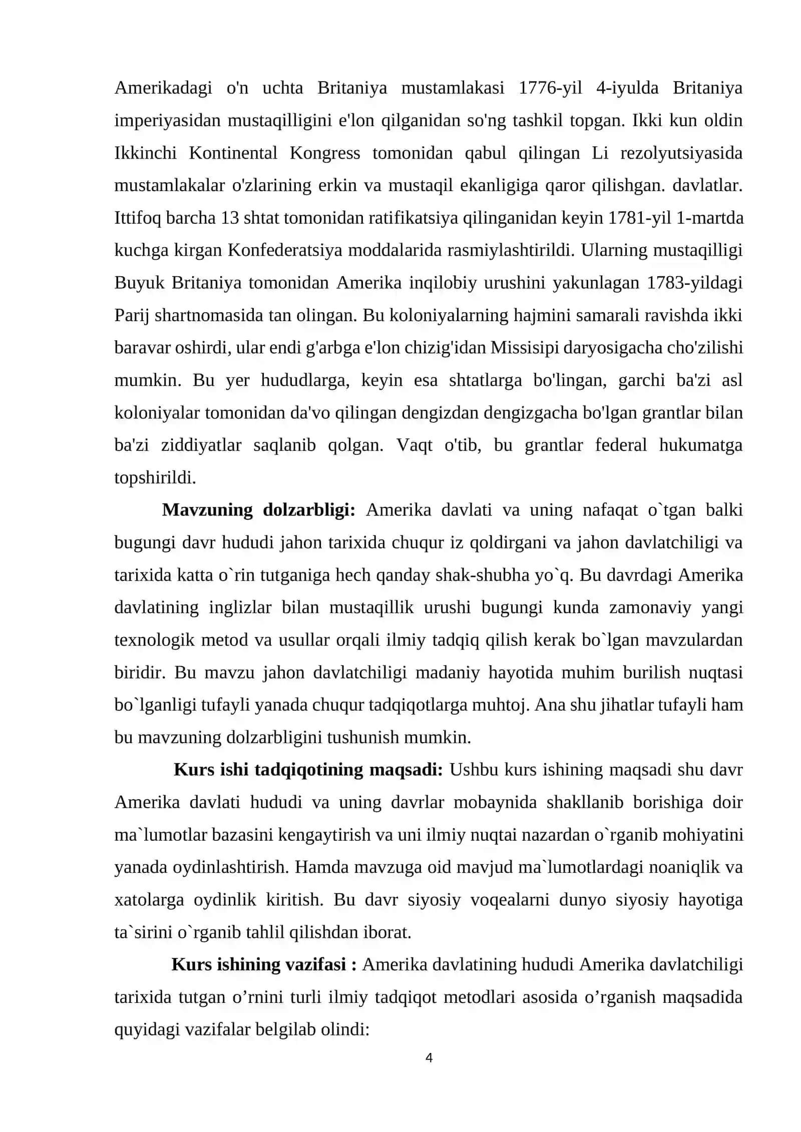 “AQSh territoriyasining kengayishi (XVIII asrning oxirgi o‘n yilliklari – XIX asrning birinchi yarimi)” mavzusidagi KURS ISHI 4