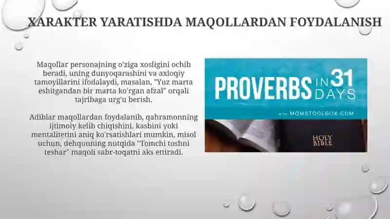 Yozma adabiyotda maqollardan foydalanish usullari 4