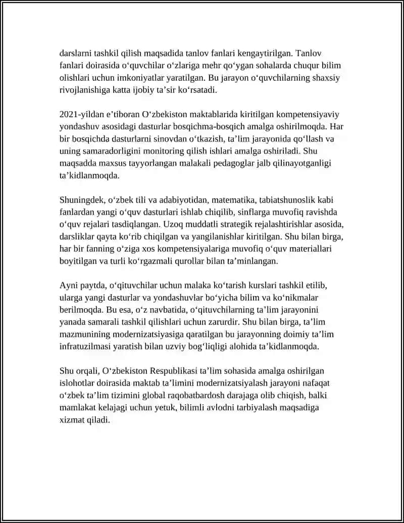 O‘ZBEKISTON RESPUBLIKASIDA TA'LIM SOHASIDA AMALGA OSHIRILGAN ISLOHOTLAR 4