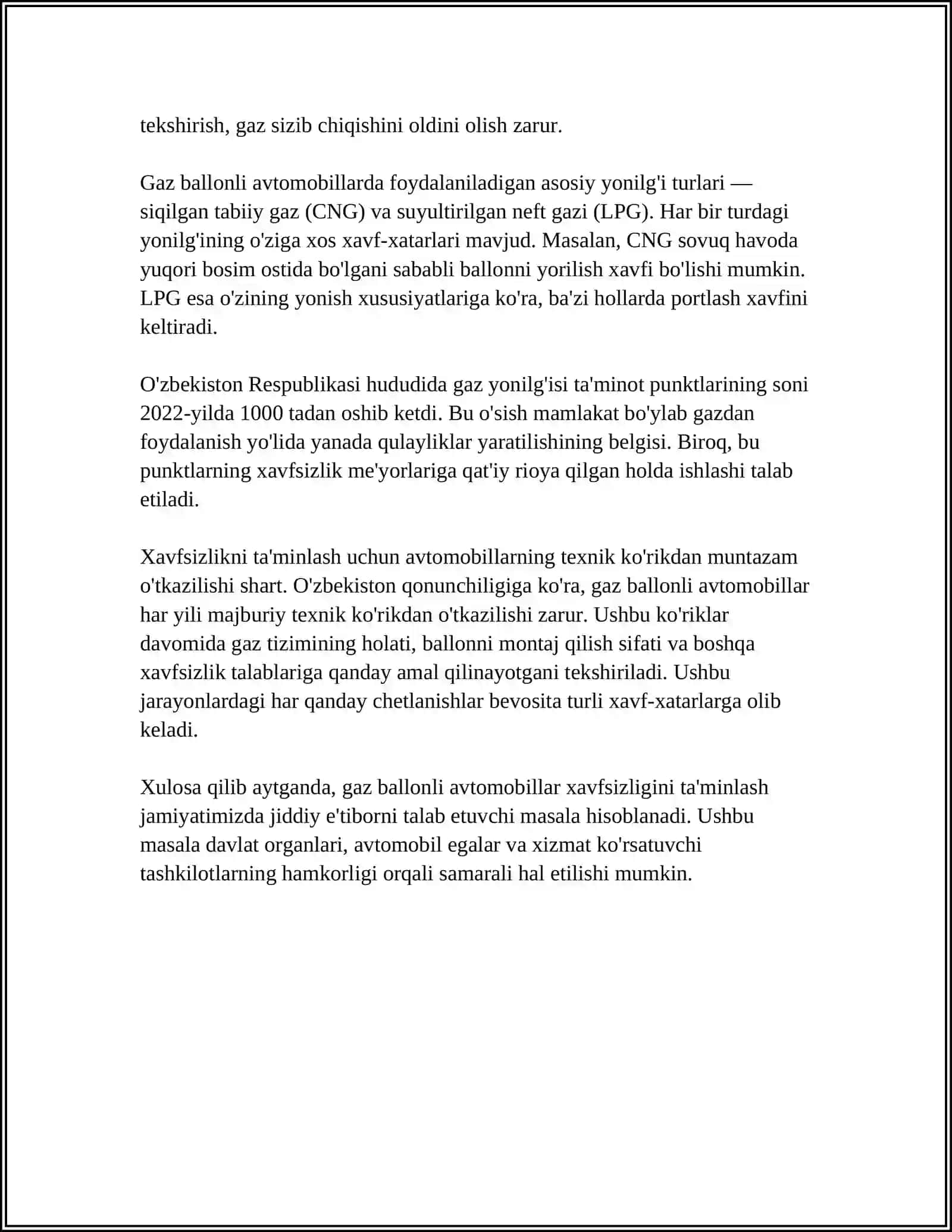 GAZ BALONLI AVTOMOBILARNINH O'TAG'ONLIGI MANYORCHALIGIGA TASIRI 4