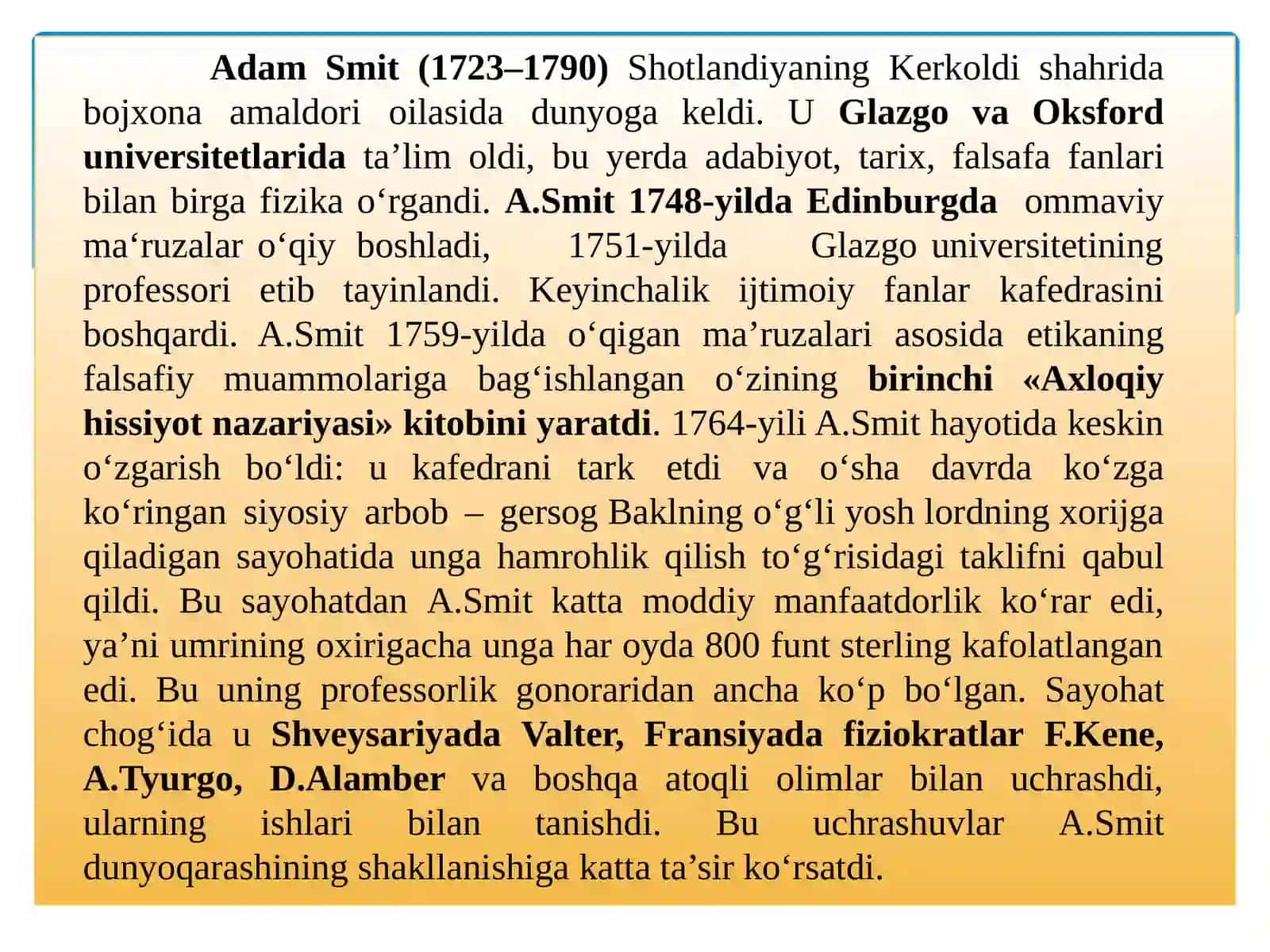 Klassik iqtisodiy maktabning To'lashakllanishi. Adam Smit va David Rikard iqtisodiy ta'limotlari 4
