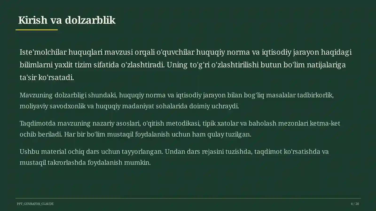 Huquq va iqtisodiyot asoslari (9–11) — ochiq dars uchun 4
