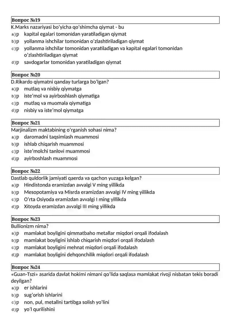 Iqtisodiyot fanidan test savollari 4