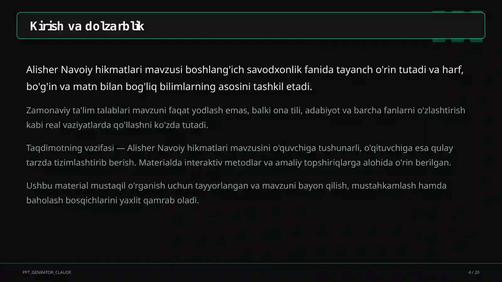 Boshlang'ich sinf: Ona tili va o'qish (1–4) 4