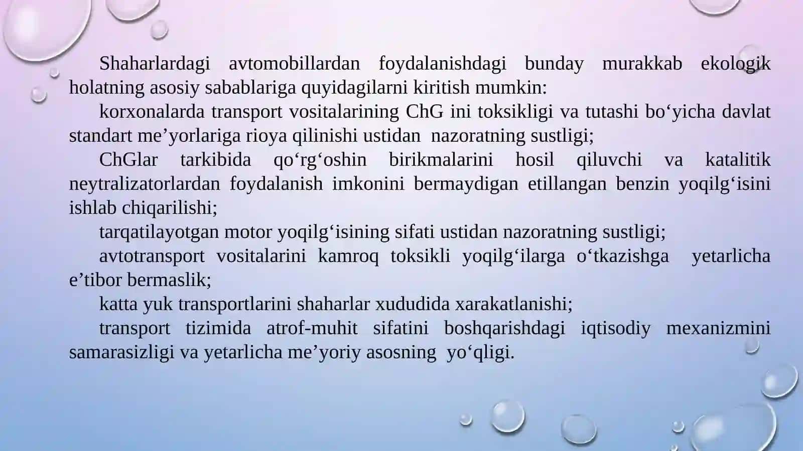 10-mavzu. Yo‘l tarmog‘i va mashina parkini atrof-muhit bilan o‘zaro ta’siri 4