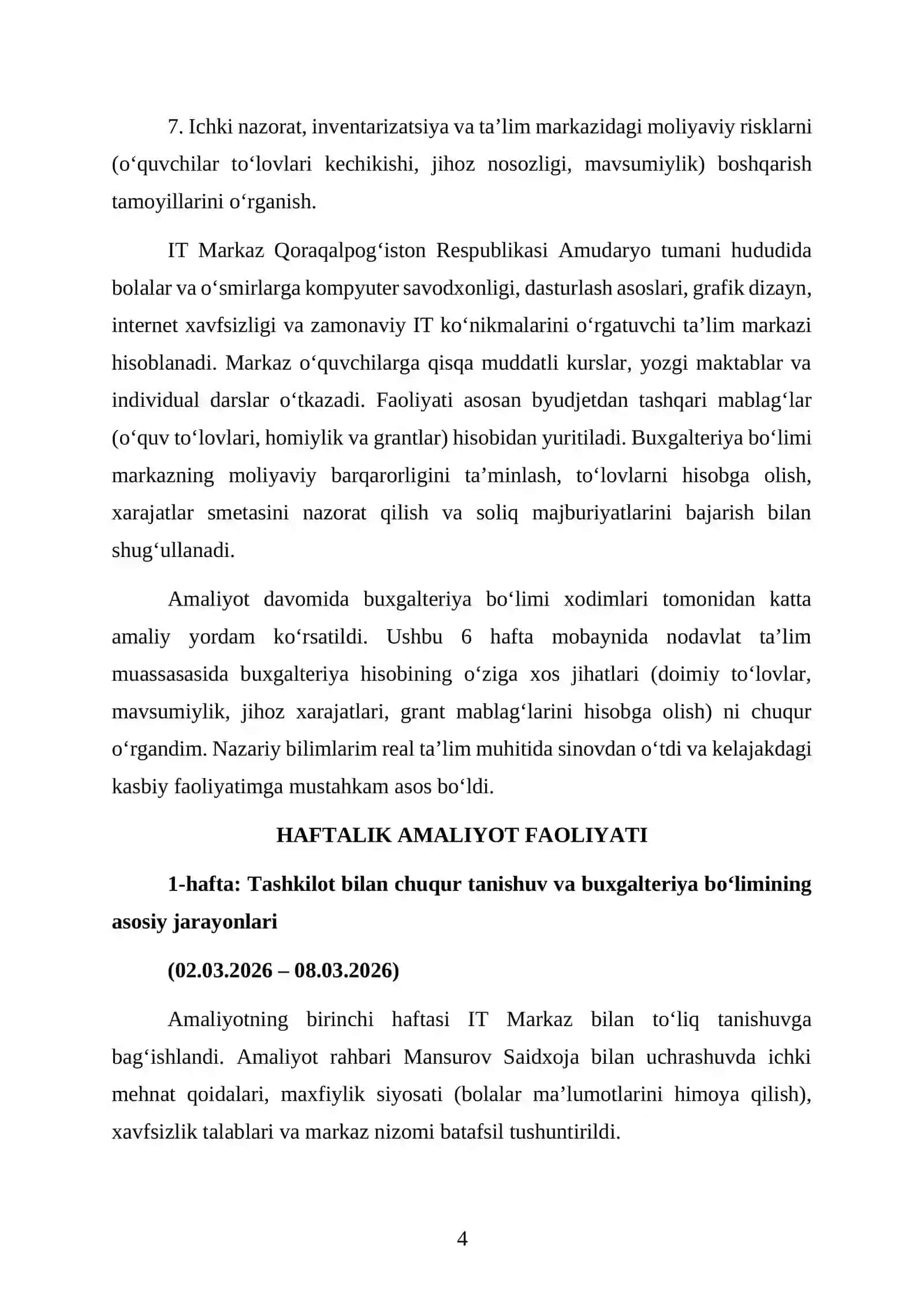 "IT MARKAZI" BITIRUV MALAKAVIY AMALIYOT HISOBOTI 4
