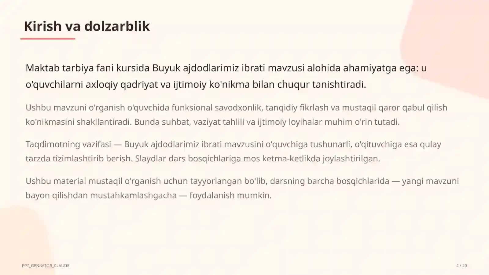 Buyuk ajdodlarimiz ibrati (6-sinf) Tarbiya fani (1– 11) 4