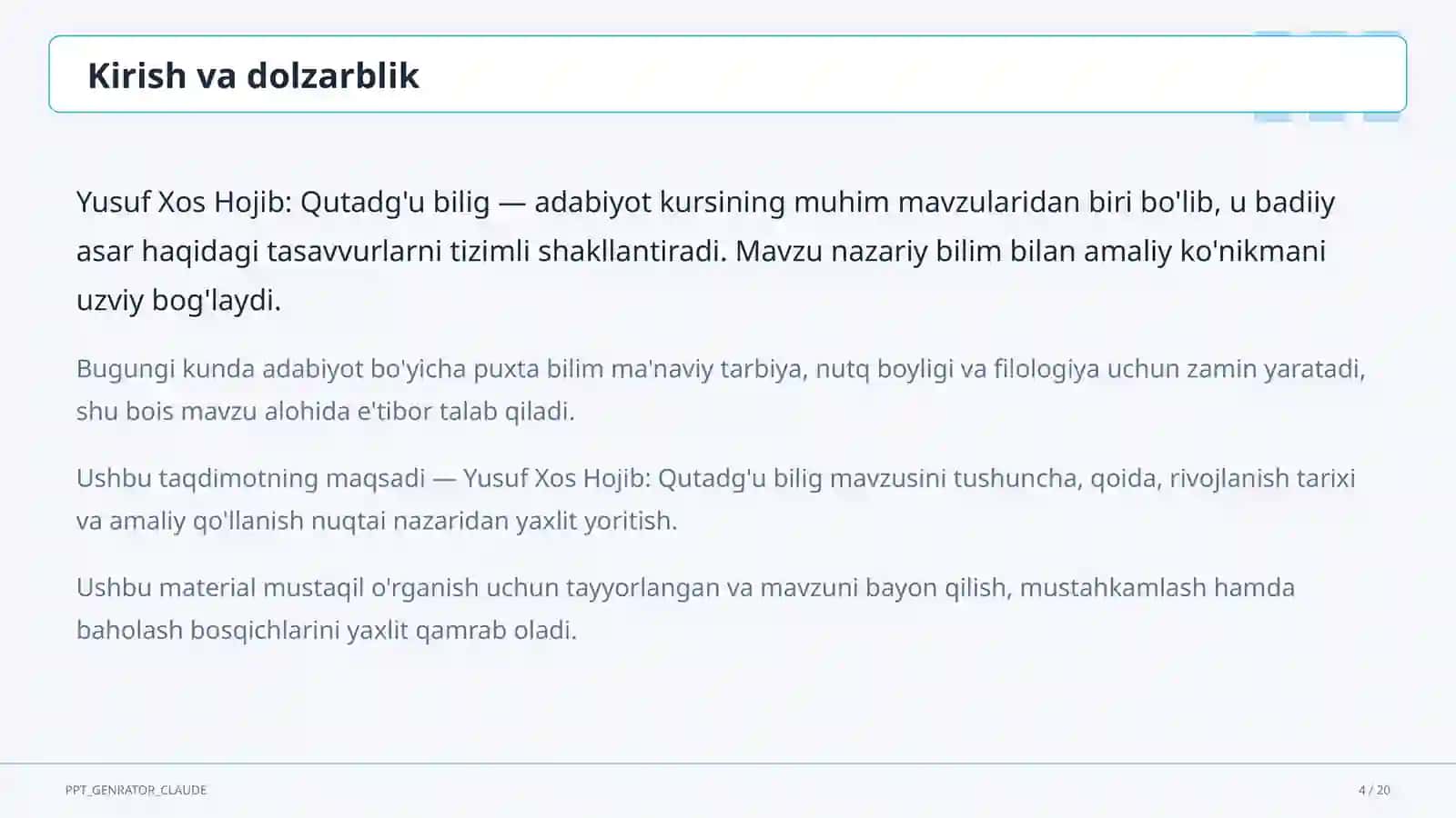 Yusuf Xos Hojib: Qutadg'u bilig (6-sinf) 4