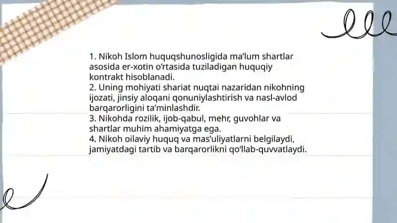 Islom huquqshunosligida oila, nikoh, taloq, idda, zihor tushunchalarini taʼriflash 4