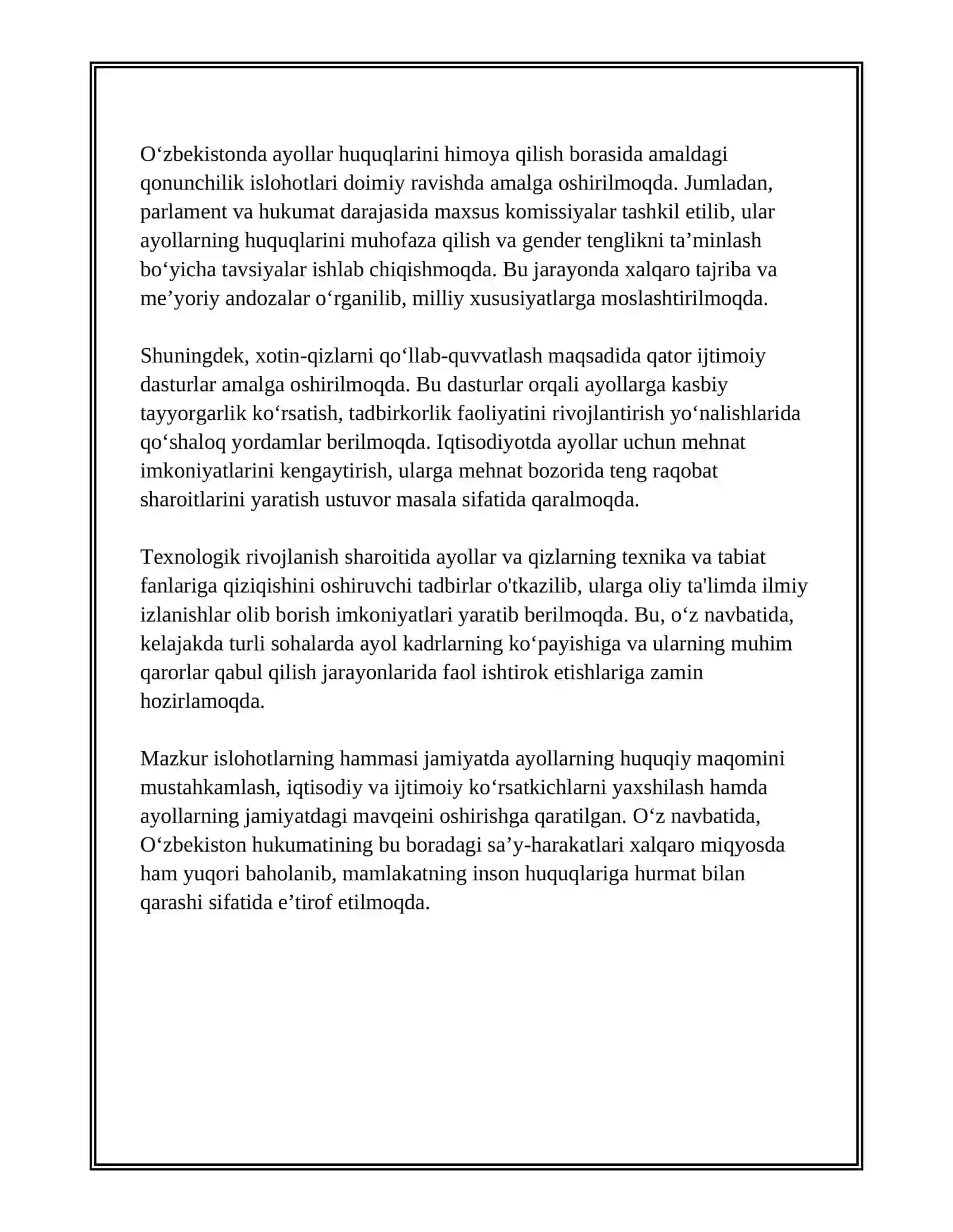 O'ZBEKISTONDA AYOLLAR HUQUQLARIDA HIMOYA QILISHDAGI HUKUMAT OLIB BORAYOTGAN ISLOHOTLAR 4