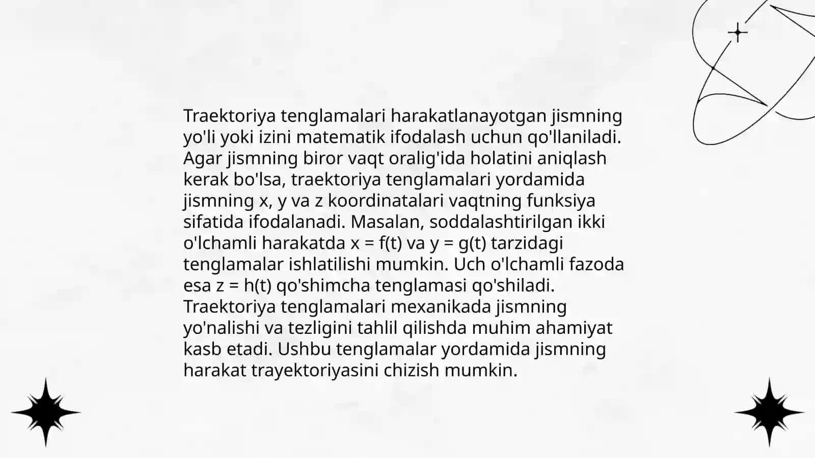 Oyga uchish traektoriyalari vertikal gorizontga burchak ostidagi va gozirintal yoʻnalishdagi boshlangʻich tezliklar 4