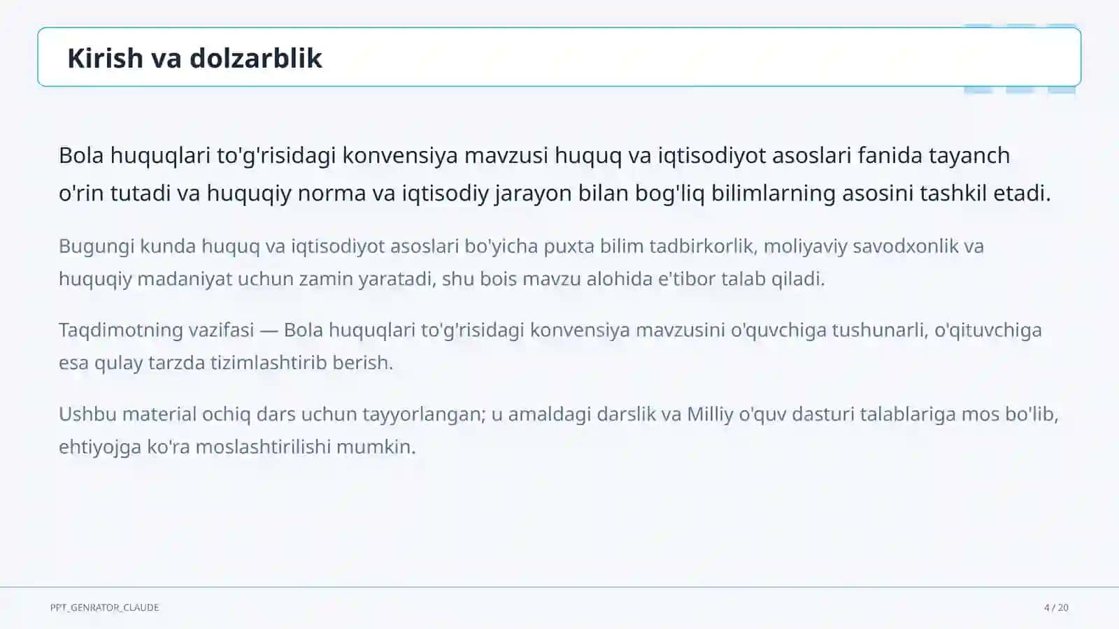 Huquq va iqtisodiyot asoslari (9–11) — ochiq dars uchun 4