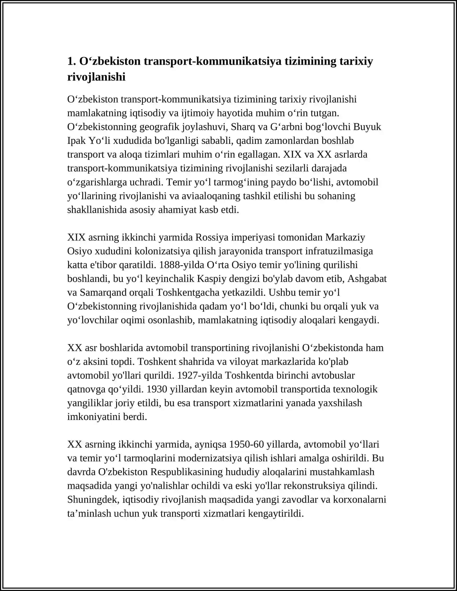 Oʻzbekistonda Zamonaviy Transport-Kommunikatsiya Tizimining Shakllanishi 4