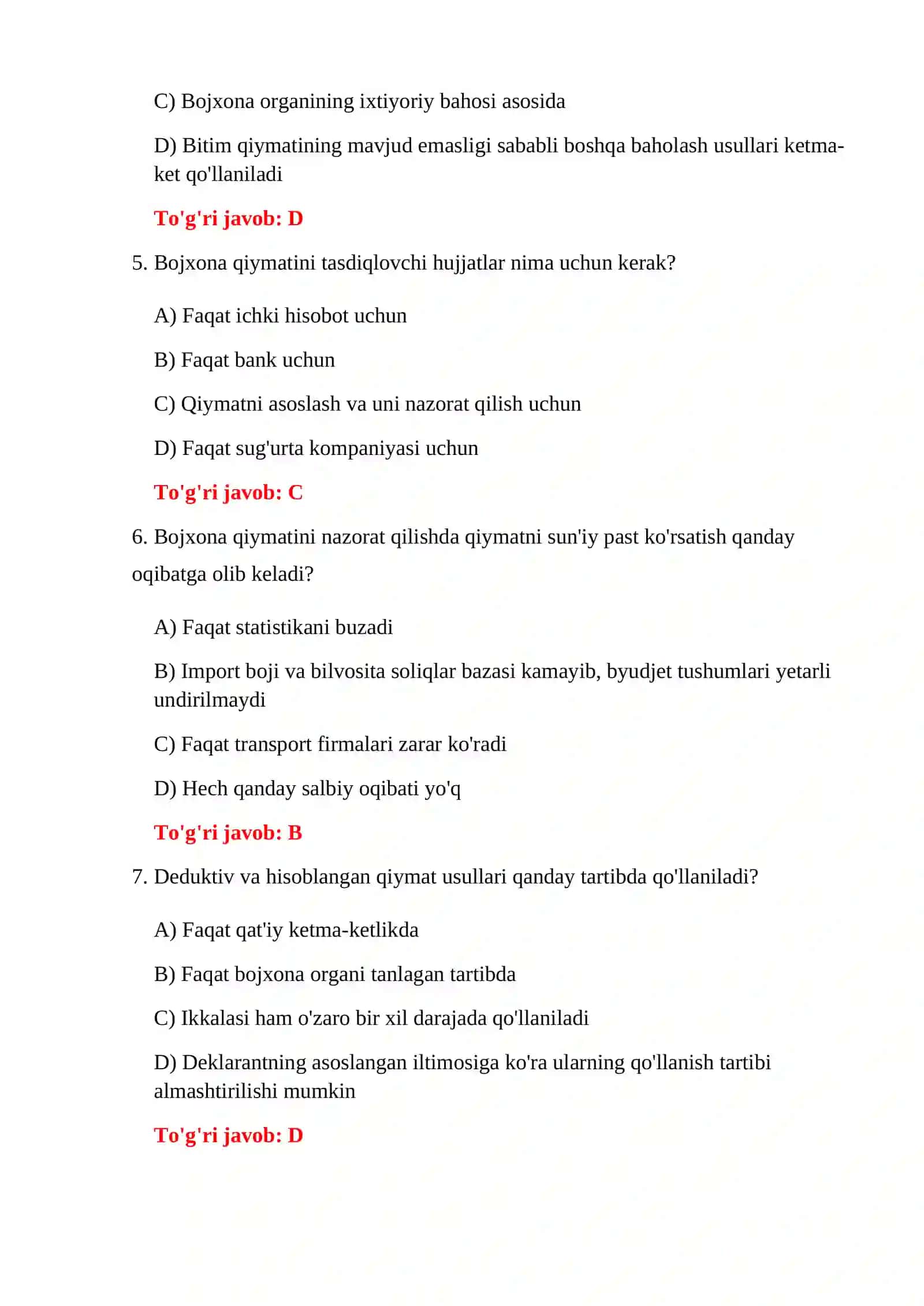 BOJXONA QIYMATI BO'YICHA IMTIHON 4