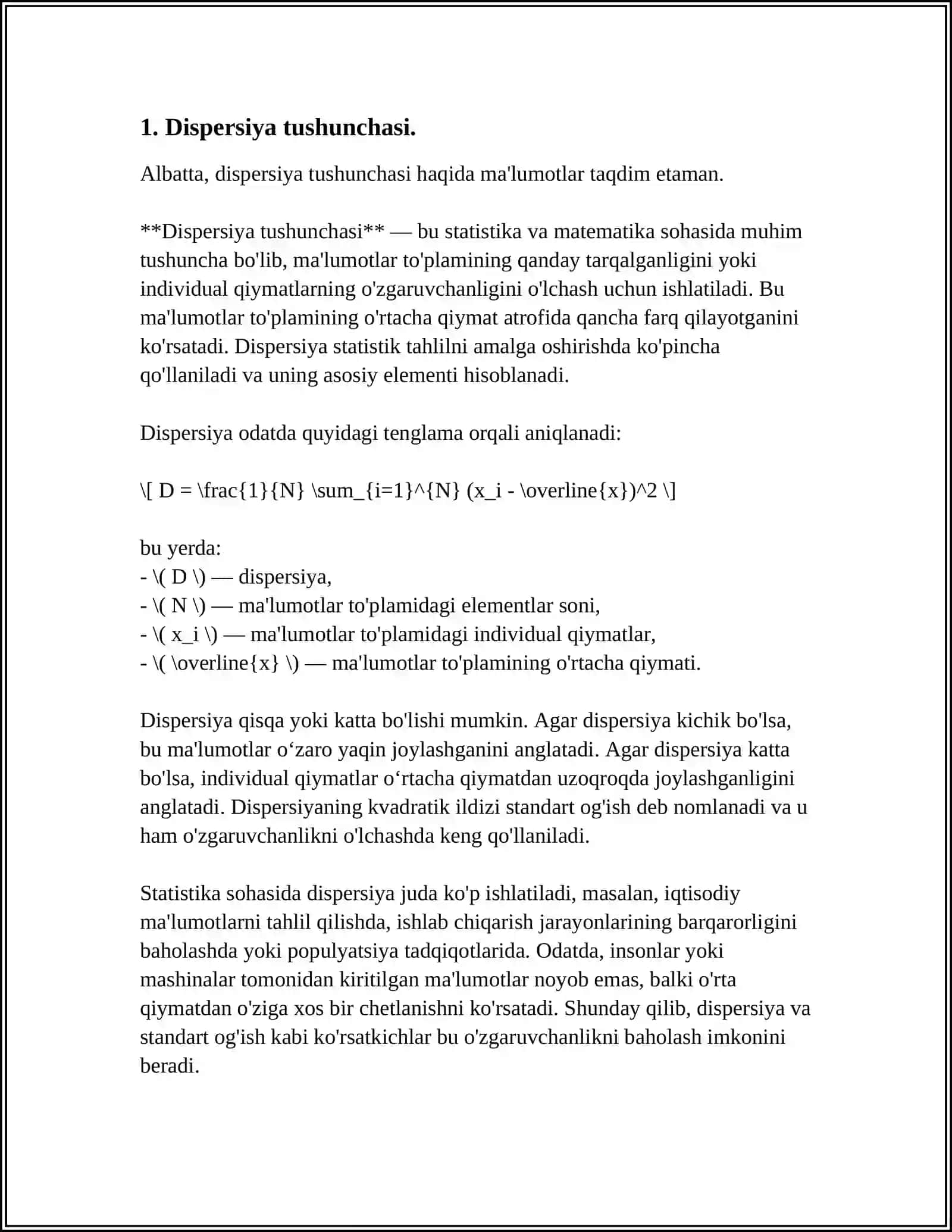 DISPERSIYA BAHOSINING HOSSALARI, TANLANMANING TOʻGʻRILANGAN DISPERSIYASI 4