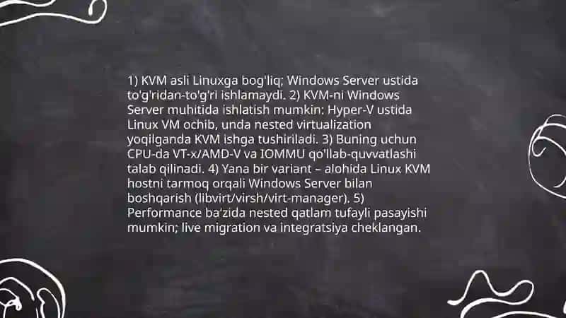 Windows Server uchun Hyper texnologiyasidan farqli boshqa virtulializatsiya texnologiyalar 4