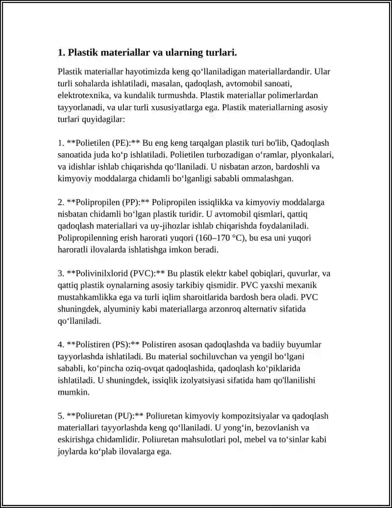 TARMOQ MASHINALARI VAJIHOZLARI DETALLARINI NOMETALL MATERIALLARDA TAYYORLASH TEXNOLOGIYASI. (PLASTMASSALAR. POLIMERLAR VA BOG’LOVCHILAR) 4